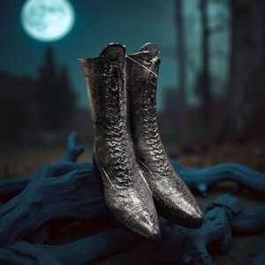 Witchery NWT Shimmering Black & Silver Witches Lace Up Boots Decor